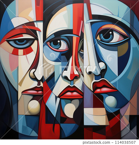 Abstract sad faces in cubism style with rich colors. AI generation Abstract sad faces in cubism style with rich colors. AI generation 114038507