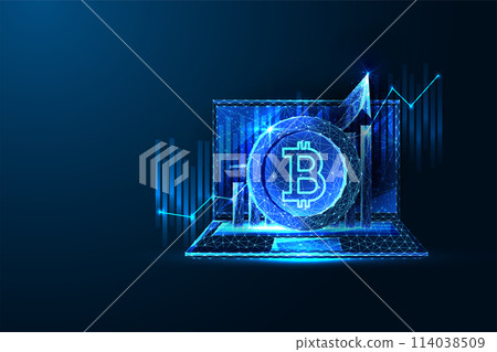 Futuristic Bitcoin ETF concept with growth chart, laptop, and cryptocurrency symbols on dark blue  114038509