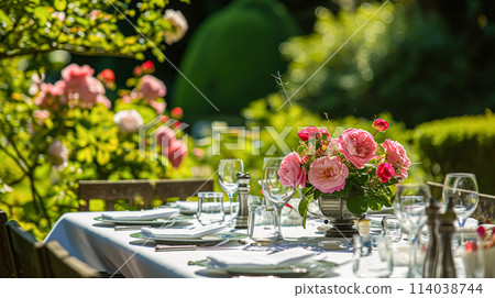 Table setting with rose flowers and candles for an event party or wedding reception in the summer garden. 114038744
