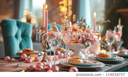Birthday table decoration with sweets, flowers, candles and pink balloons. Selective focus 114038757