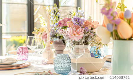 Easter table setting with painted eggs, spring flowers and crockery. Rustic style, selective focus Easter table setting with painted eggs, spring flowers and crockery. Rustic style, selective focus 114038761