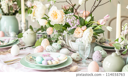 Easter table setting with painted eggs, spring flowers and crockery. Rustic style, selective focus Easter table setting with painted eggs, spring flowers and crockery. Rustic style, selective focus 114038763