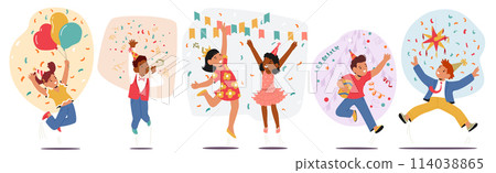 Group Of Children Characters Celebrating Birthday With Balloons, Gifts And Confetti. Happy Girls and Boys Sharing Joy 114038865