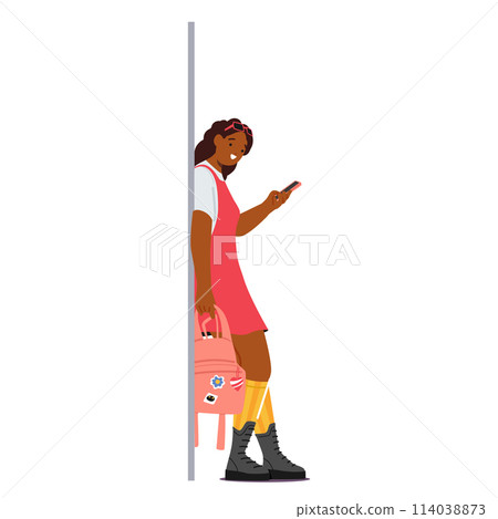 Teenage Girl Character in Casual Clothes with Rucksack Engrossed In Her Smartphone, Leans Against The Wall Teenage Girl Character in Casual Clothes with Rucksack Engrossed In Her Smartphone, Leans Against The Wall 114038873
