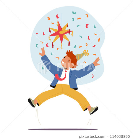 Boy In Festive Party Hat Joyfully Leaping In The Air While Colorful Confetti Cascades Around Him In A Lively Scene 114038890