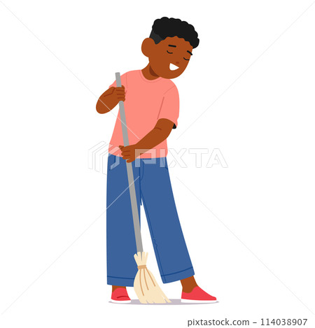 Black Boy Sweeping The Floor With A Broom. Diligent Child Character Wearing Blue Jeans And Pink T-shirt Sweeps 114038907