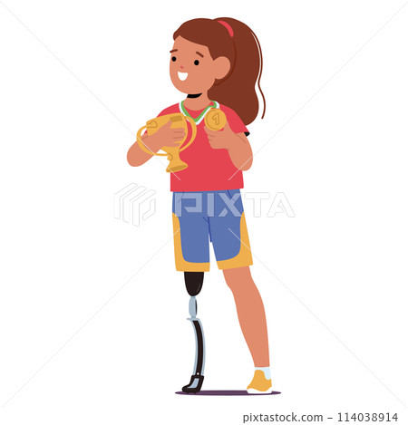 Girl With A Prosthetic Leg Wearing A Uniform Holding A Trophy And Medal With A Proud. Resilient Child Character Triumphs Girl With A Prosthetic Leg Wearing A Uniform Holding A Trophy And Medal With A Proud. Resilient Child Character Triumphs 114038914