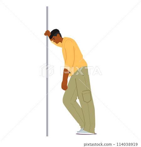 Black Tired Male Character Leaning Against A Wall. Man In Khaki Pants, Sneakers And Yellow Shirt, Vector Illustration Black Tired Male Character Leaning Against A Wall. Man In Khaki Pants, Sneakers And Yellow Shirt, Vector Illustration 114038919