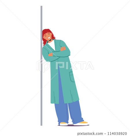 Young Woman Leaning Against A Wall With a Smile and Arms Crossed. Radiant Female Character Leans on Vertical Surface Young Woman Leaning Against A Wall With a Smile and Arms Crossed. Radiant Female Character Leans on Vertical Surface 114038920