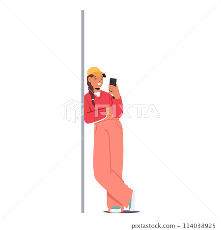 Young Woman In Modern Wear Leaning Against A Wall, Holding A Cell Phone. Female Character Wears A Stylish Hat 114038925