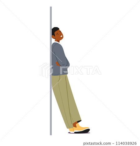Casually Dressed Man Leans Against A Wall, His Posture Relaxed, Faint Smile Playing On His Lips, Cartoon Illustration 114038926