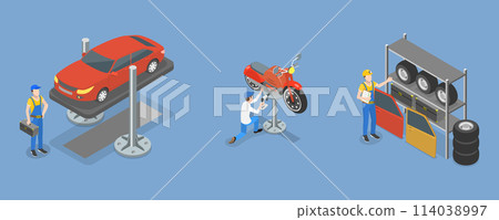 3D Isometric Flat Vector Illustration of Auto Repair Services , Moto Shop 114038997