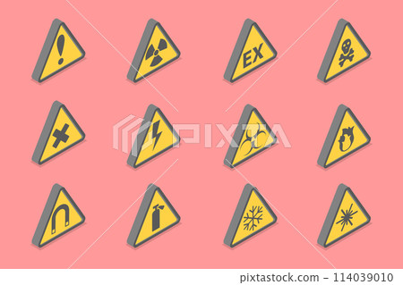 3D Isometric Flat Vector Set of Warning Signs, Safety and Caution Tags 3D Isometric Flat Vector Set of Warning Signs, Safety and Caution Tags 114039010