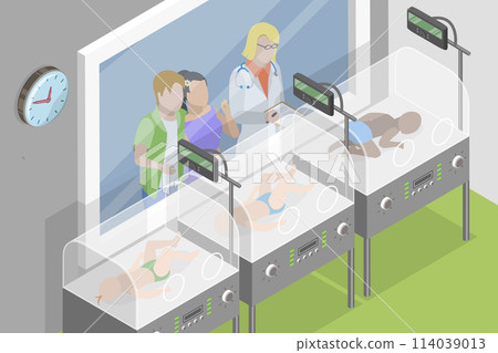 3D Isometric Flat Vector Illustration of Preterm Baby Incubators, Nurses Take Care about New Borns 3D Isometric Flat Vector Illustration of Preterm Baby Incubators, Nurses Take Care about New Borns 114039013