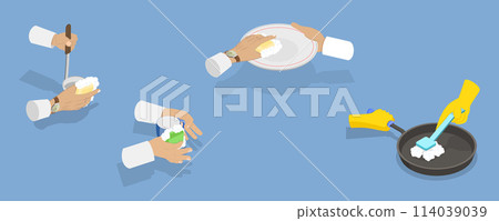 3D Isometric Flat Vector Illustration of Hands Washing Dishes, Dishwashing Process 114039039