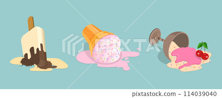 3D Isometric Flat Vector Illustration of Set of Fallen Ice Creams, Milk Dessert Lying on Floor 114039040
