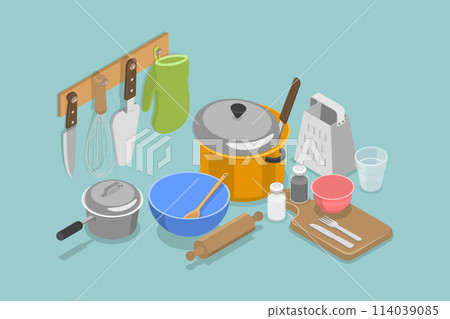 3D Isometric Flat Vector Set of Cookware Collection, Kitchen Cooking Tools 3D Isometric Flat Vector Set of Cookware Collection, Kitchen Cooking Tools 114039085