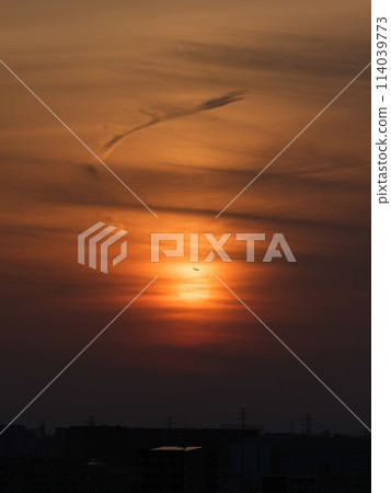 Sunset and silhouette of an airplane 114039773