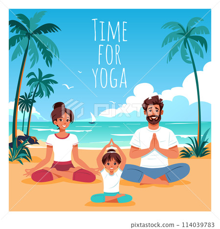 Family doing yoga in Lotus pose on sea beach 114039783