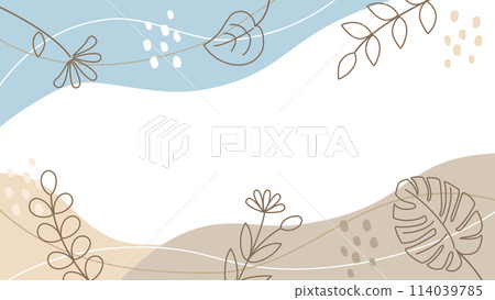 A stylish card that combines abstract curves and lines with leaves and floral plants. Aspect ratio 16:9 version 114039785
