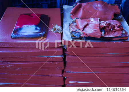 Slabs of remelted edible gelatin. Slabs of remelted edible gelatin. 114039864