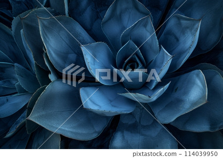 Experience the abstract beauty of a dark blue-toned agave cactus creating a unique natural pattern background 114039950