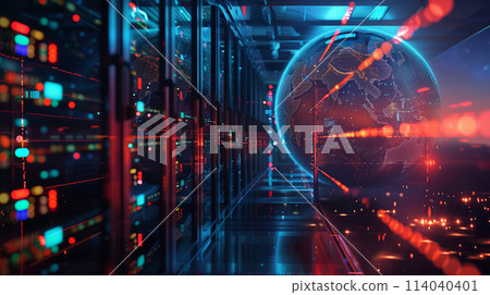 A computer server room with a glowing globe in the middle A computer server room with a glowing globe in the middle 114040401