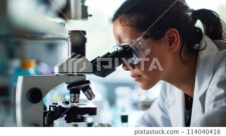 A woman wearing a lab coat and goggles is looking through a microscope 114040416