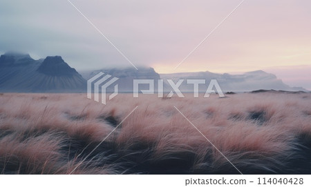 Mystical Mountainscape with Feathered Grass in Foreground at Twilight 114040428