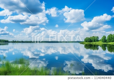 Calm lake scene with vivid cloud reflections on water against a lush forested horizon 114040440