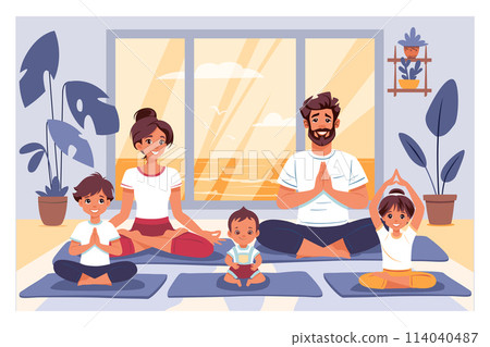 Family doing yoga in Lotus pose Family doing yoga in Lotus pose 114040487