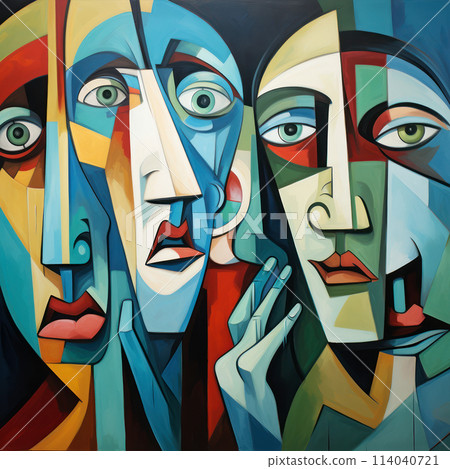Abstract cubist painting capturing introspective figures in vivid hues. AI generation 114040721