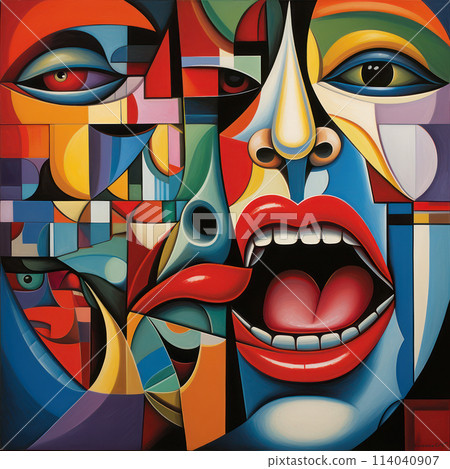 Vivid cubist facial collage with expressive eyes. AI generation 114040907