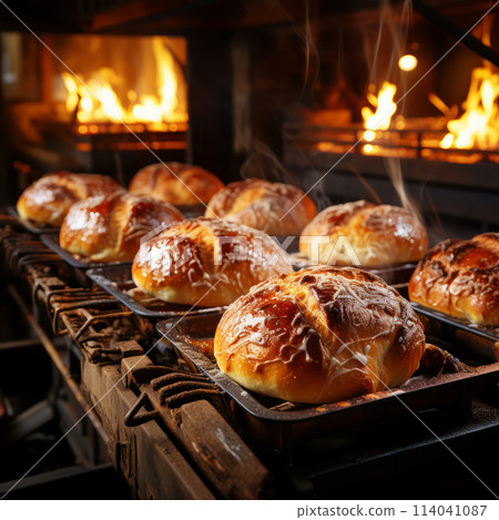 Golden loaves fresh from the traditional oven. AI generation 114041087
