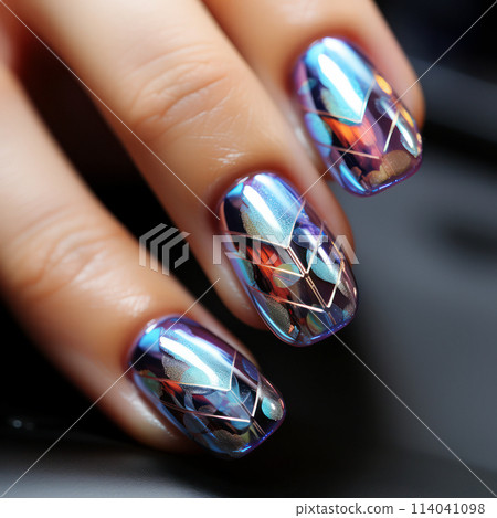 Close-up of chrome nails with geometric patterns reflecting light. AI generation 114041098
