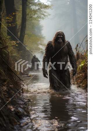 A tense moment when a mythical yeti-like creature emerges from the fog. AI generation 114041200