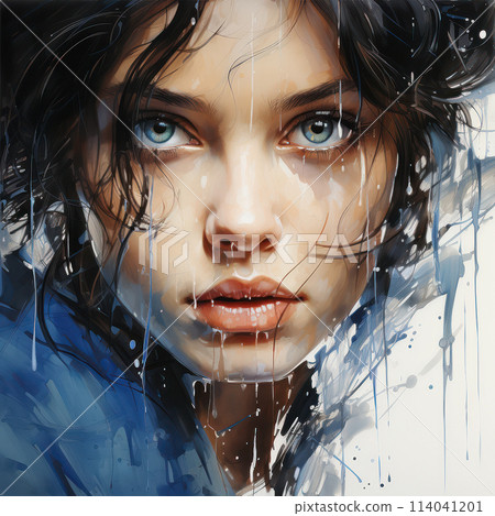 Captivating portrait of a woman with piercing blue eyes in the rain. AI generation 114041201