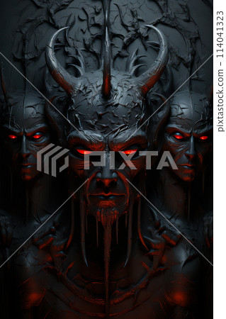 An intense depiction of demonic entities emerging from the darkness with piercing eyes. AI generation 114041323