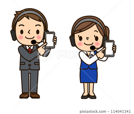 Male and female operators holding smartphones 114041341