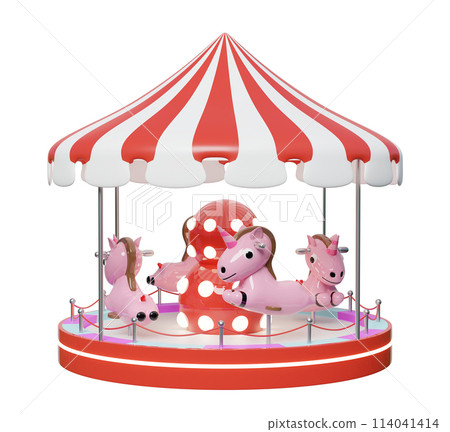 Carousel or merry go round with unicorn or horse isolated. 3d render illustration 114041414
