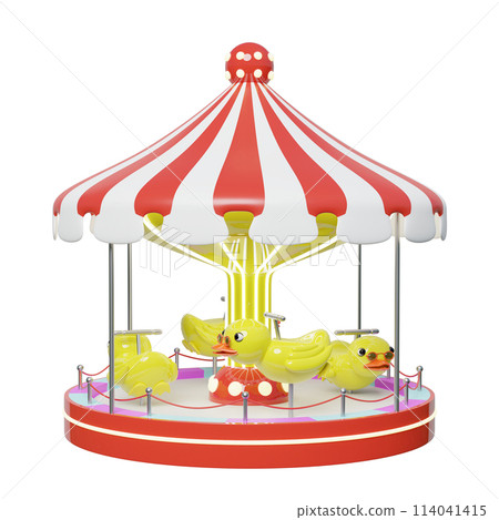 Carousel or merry go round with yellow duck, sunglasses isolated. 3d render illustration 114041415