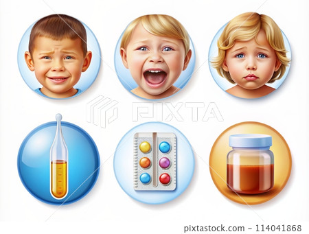 Set of cartoon icons with children's faces and medicines isolated on white background 114041868