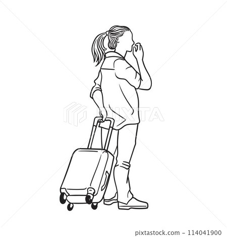 Line art drawing. Girl with a suitcase. Line art drawing. Girl with a suitcase. 114041900