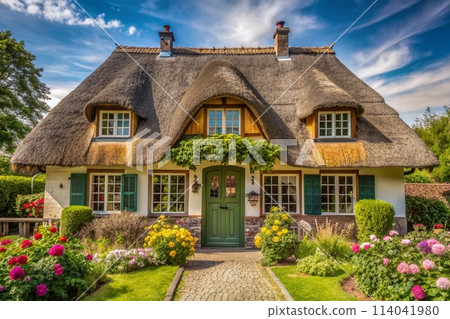 Traditional house with thatched roof and flowers in the garden 114041980