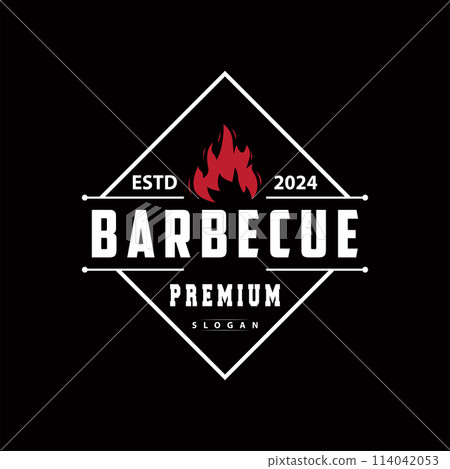 Illustration of a restaurant design with a vintage barbecue logo concept with the concept of a fire burning on a simple bbq hot grill Illustration of a restaurant design with a vintage barbecue logo concept with the concept of a fire burning on a simple bbq hot grill 114042053