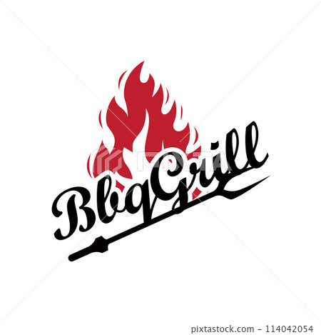 Illustration of a restaurant design with a vintage barbecue logo concept with the concept of a fire burning on a simple bbq hot grill 114042054