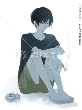A man sitting on the floor smoking a cigarette A man sitting on the floor smoking a cigarette 114042223