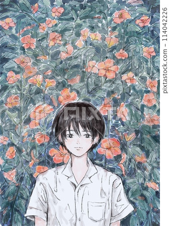Boy standing in front of a Trumpet Creeper 114042226