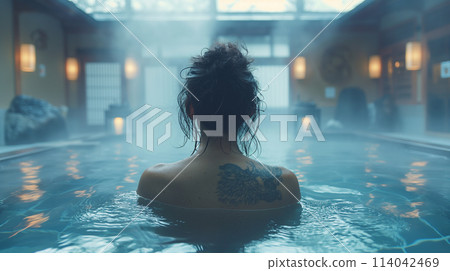Tattooed woman in hot spring Tattooed woman in hot spring 114042469