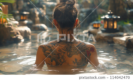 Tattooed woman in hot spring 114042470